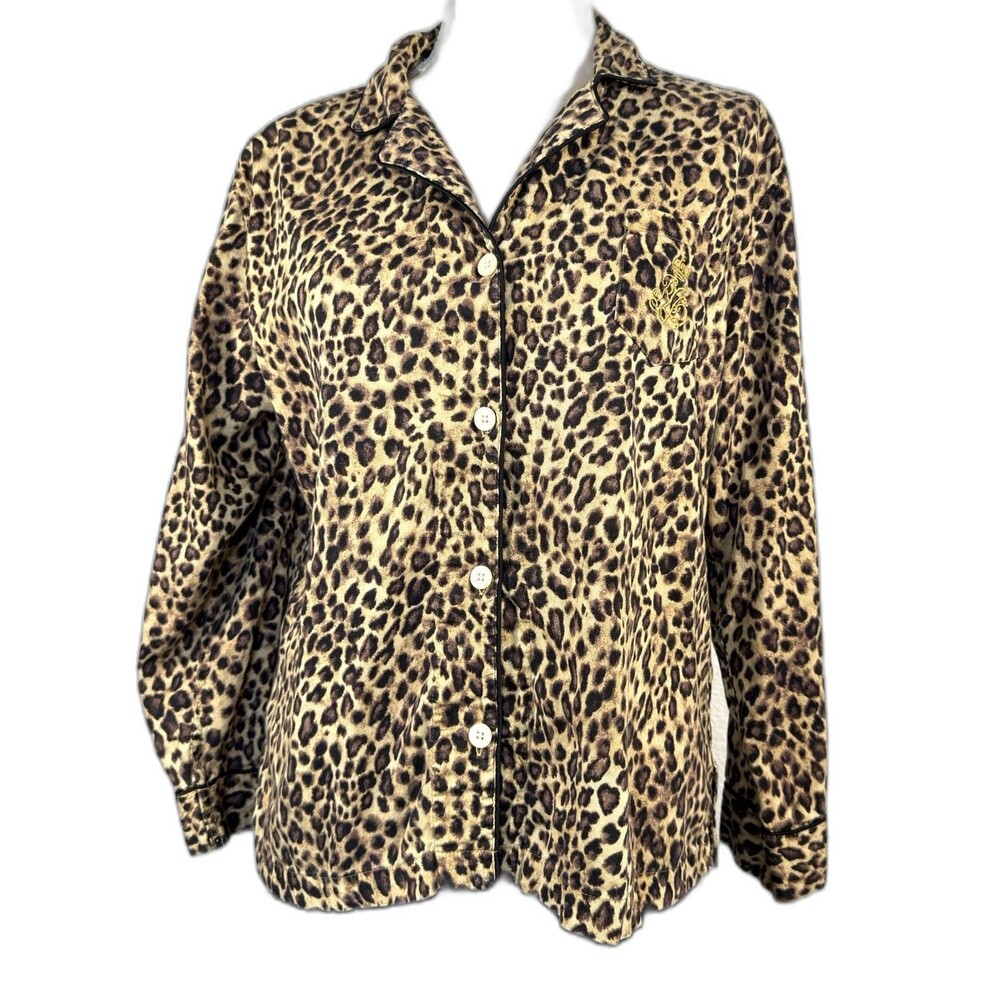 LAUREN Ralph Lauren Leopard Print PJ Top XL Button Front Sleepwear Lounge Shirt
